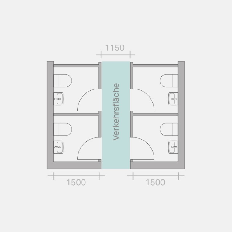 Maßangaben in mm, Zeichnung in Anlehnung an Sanitär-Technik, Feurich/Kühl, Band 1, 2011