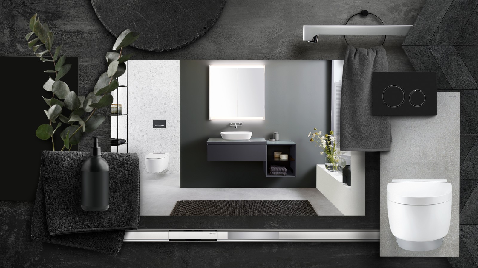 Moodboard "Purismus" mit Geberit Badezimmerprodukten Moodboard "Purismus" mit Geberit Badezimmerprodukten