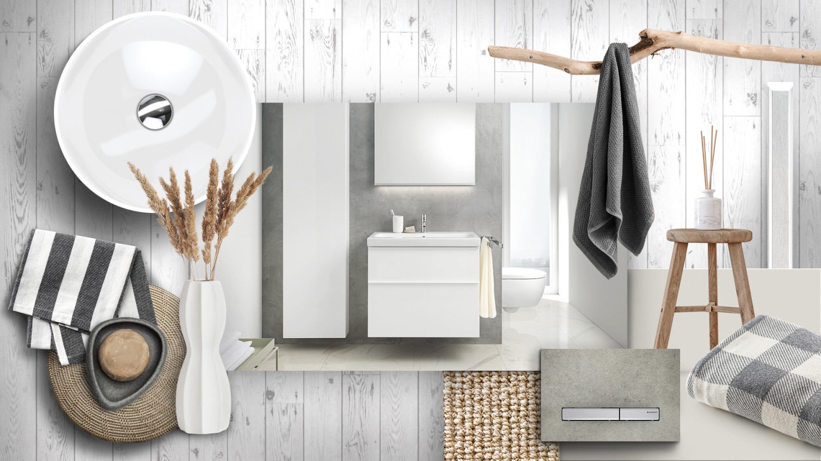 Moodboard "Scandic" mit Geberit Badezimmerprodukten Moodboard "Scandic" mit Geberit Badezimmerprodukten
