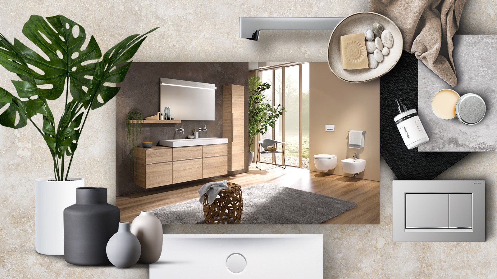 Moodboard "Modern" mit Geberit Badezimmerprodukten Moodboard "Modern" mit Geberit Badezimmerprodukten