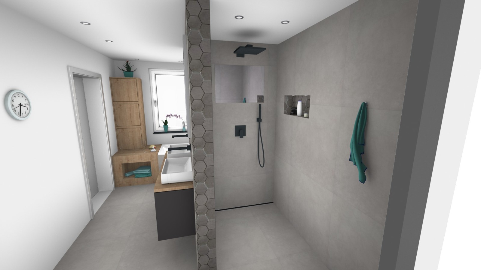 Referenzplanung Geberit Badplanung: Offener Duschbereich mit Nieschenablagebox