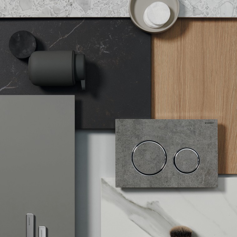 Moodboard mit Betätigungsplatte Geberit Sigma21 in Mustang-Schiefer mit Designringen in schwarzchrom. Moodboard mit Betätigungsplatte Geberit Sigma21 in Mustang-Schiefer mit Designringen in schwarzchrom.