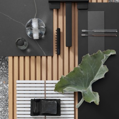 Moodboard mit Badaccessoires in schwarz der Serie Geberit ONE.