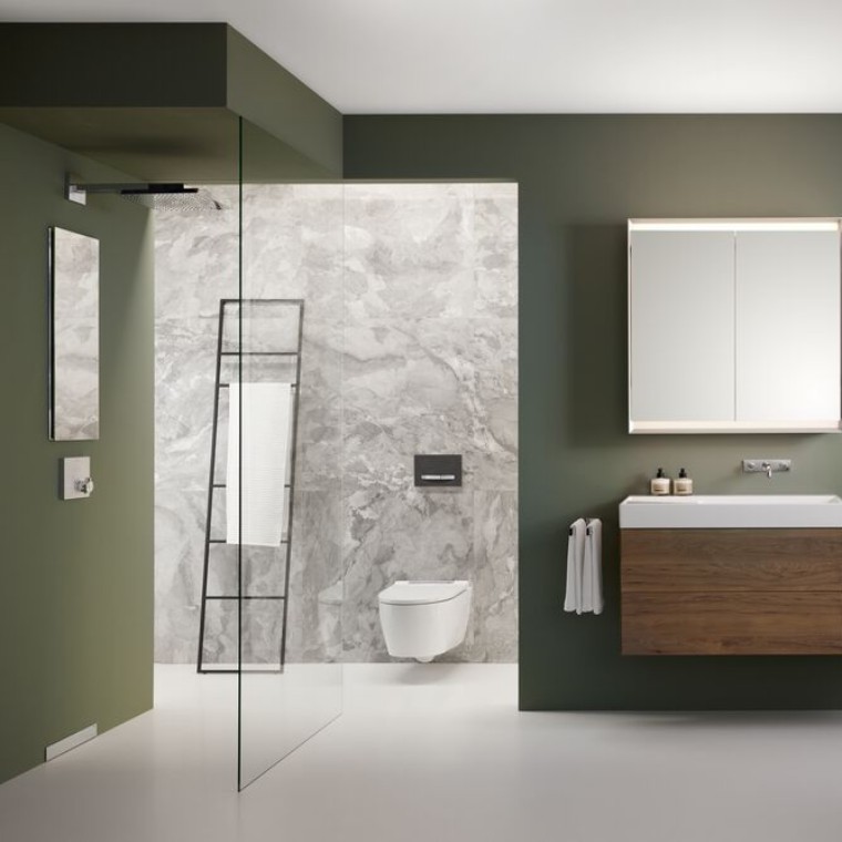 Ein luxuriöses Badezimmer mit einer begehbaren Dusche