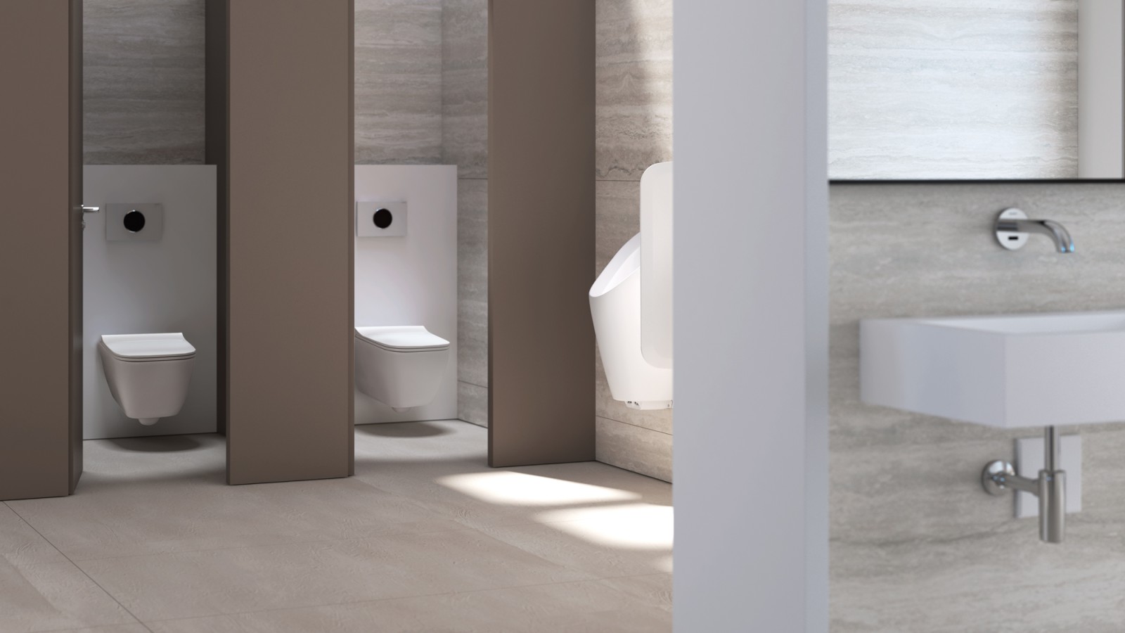 Berührungslose Spülauslösung Geberit Sigma10 im öffentlichen Sanitärbereich