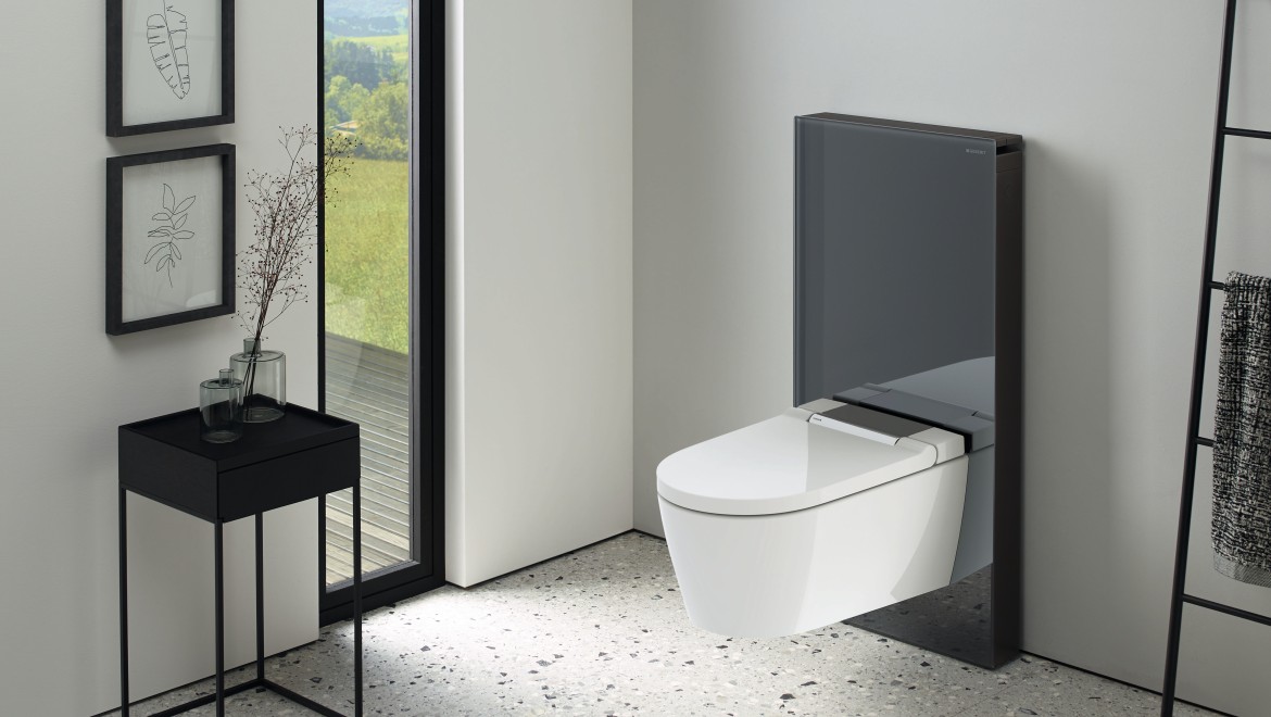 Geberit AquaClean Sela Dusch-WC mit einem Geberit Monolith. Geberit AquaClean Sela Dusch-WC mit einem Geberit Monolith.