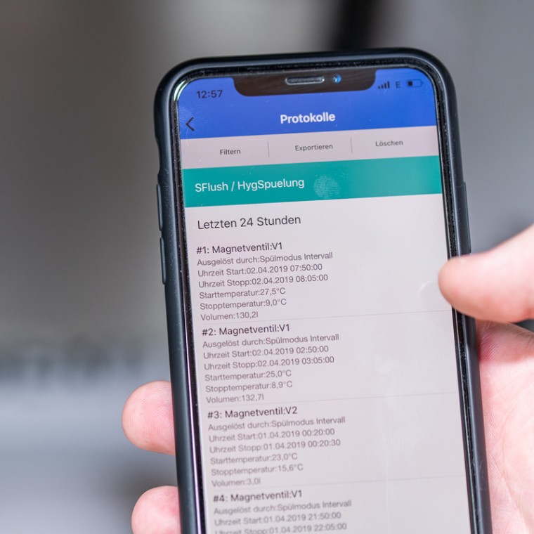 Geberit SetApp, Spülungen und die gemessenen Werte einsehbar Geberit SetApp, Spülungen und die gemessenen Werte einsehbar