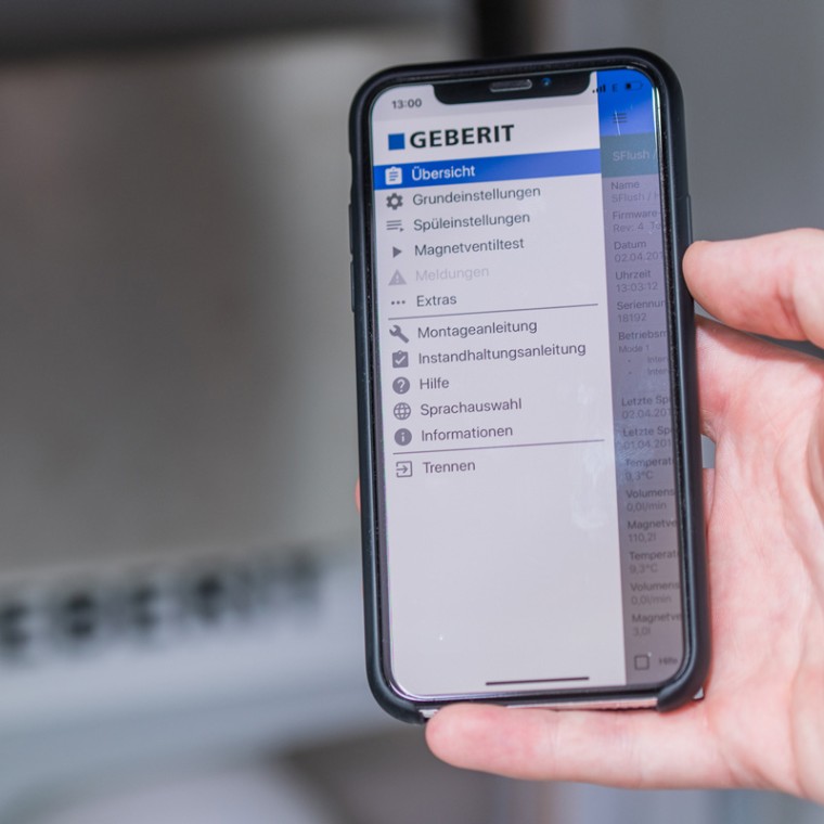 Übersichtliches Menü der Geberit SetApp für die sichere Inbetriebnahme der Hygienespülung Übersichtliches Menü der Geberit SetApp für die sichere Inbetriebnahme der Hygienespülung
