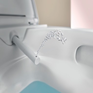 Die integrierte WhirlSpray-Duschtechnologie im Geberit AquaClean Alba Dusch-WC für eine gründliche und schonende Reinigung.