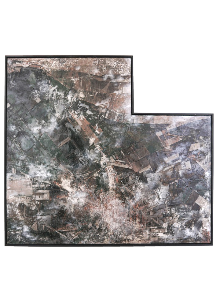 Jens Rausch: Grenzgebiet (2022) – Öl, Kalk, Gips Erden und Bitumen auf Leinwand, 90 x 100 cm