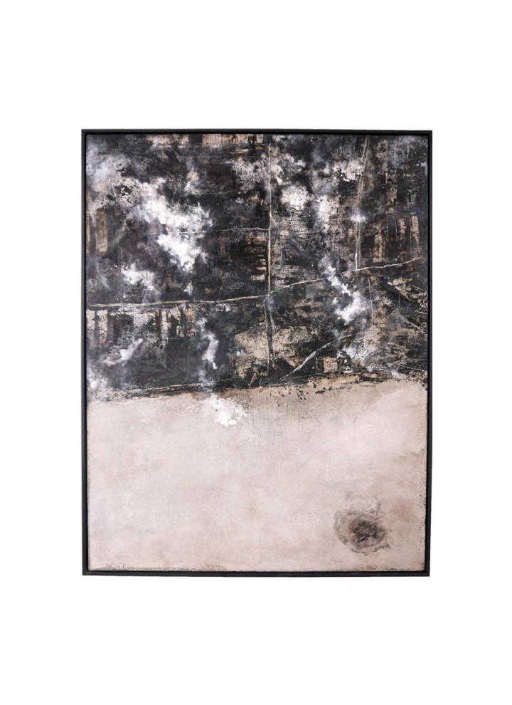 Jens Rausch: Grenzland (2022) – Erden, Sand, Kalk, Ruß und Bitumen auf Leinwand, 70 x 90 cm