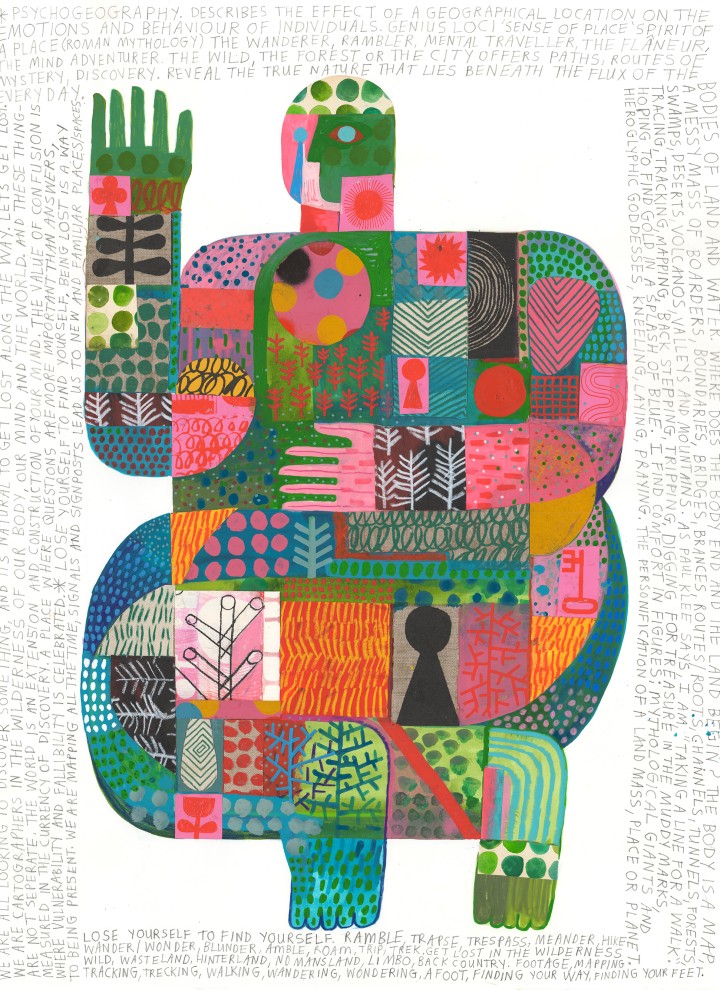 David Shillinglaw: Bodyscan (Psychogeografie), 2023. Collage, Acrylfarbe und Ölkreide auf Leinwand, 60 x 80 cm (© David Shillinglaw) David Shillinglaw: Bodyscan (Psychogeografie), 2023. Collage, Acrylfarbe und Ölkreide auf Leinwand, 60 x 80 cm (© David Shillinglaw)