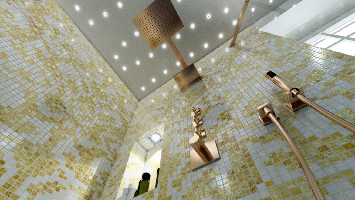 Exklusive Wohnzimmermöbel im Bad, viel Gold und matte Oberflächen