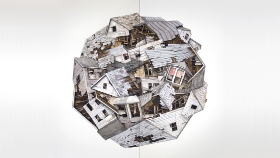 Werk "Mass XX", Collage, Kohle, Pastell, Acryl, Graphit auf Holz, 183 cm x 213 cm, Diptychon
