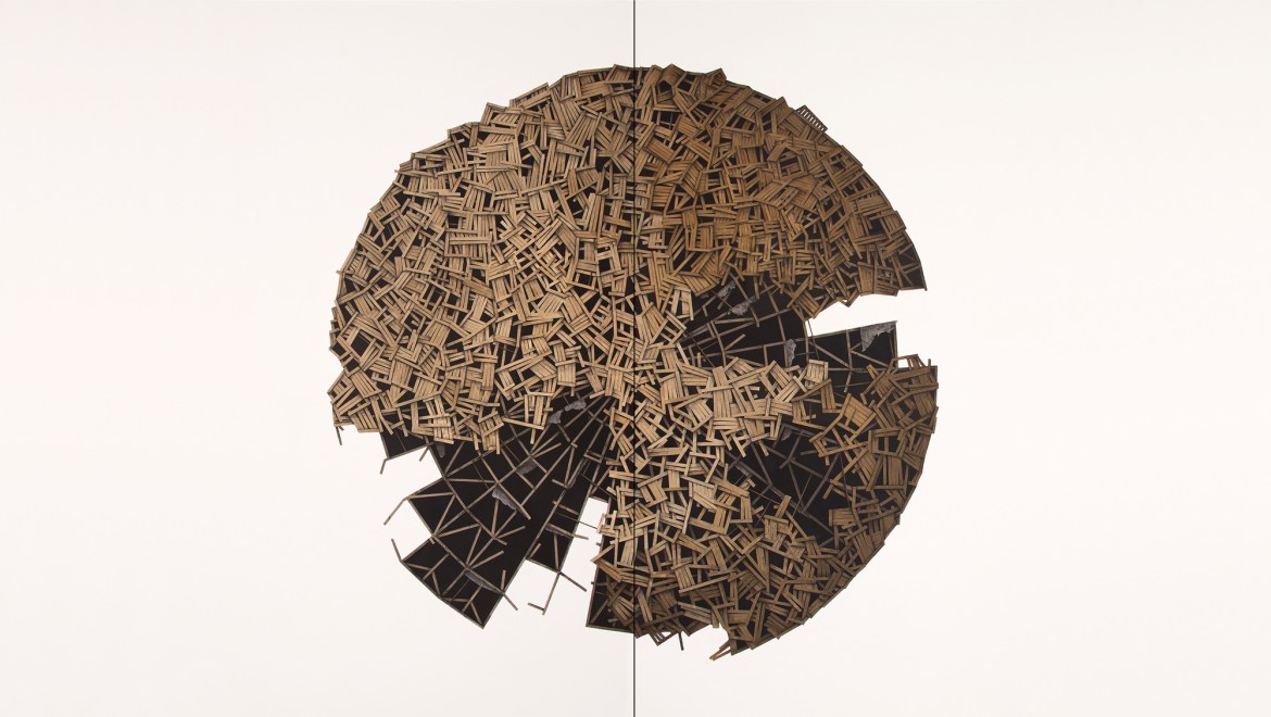 Werk "Mass XXII", Collage, Kohle, Pastell, Graphit, Acryl auf Holz, 183 cm x 213 cm Diptychon