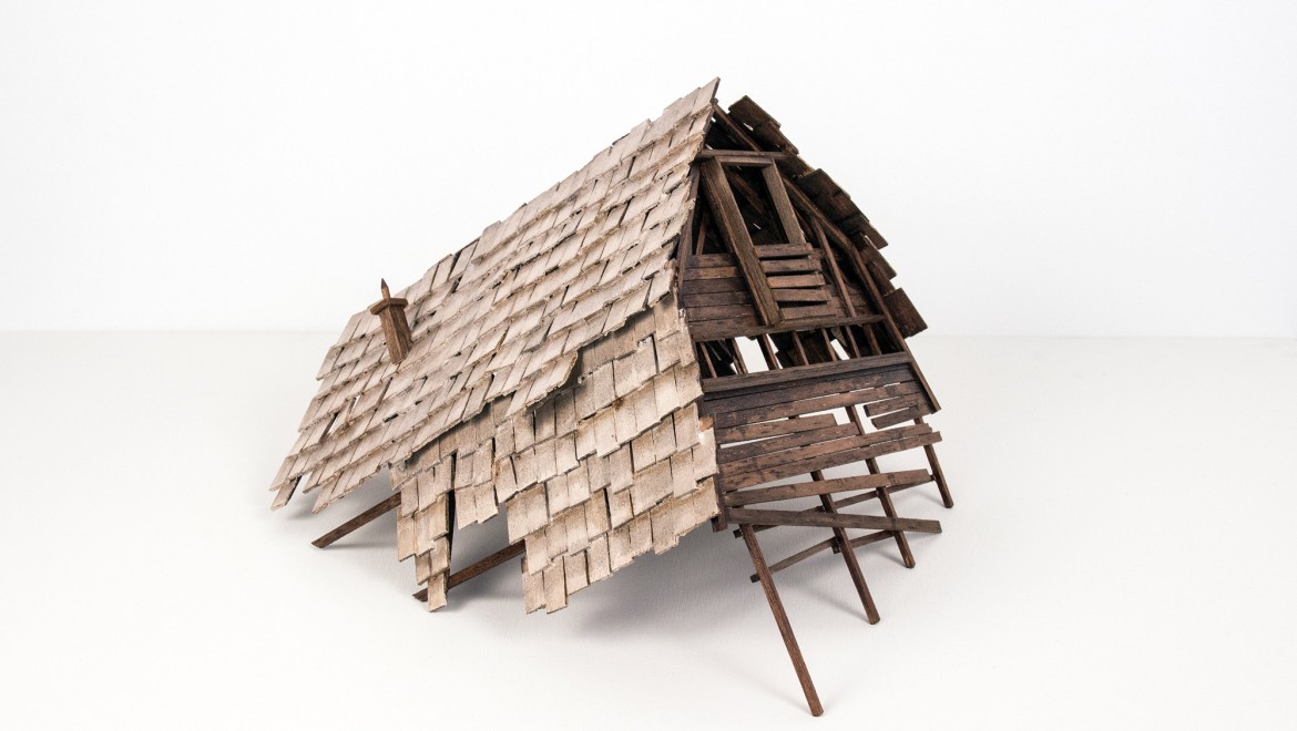 Werk "Rooftop", Holz, PVA, Acryl, 15 cm x 28 cm x 20 cm