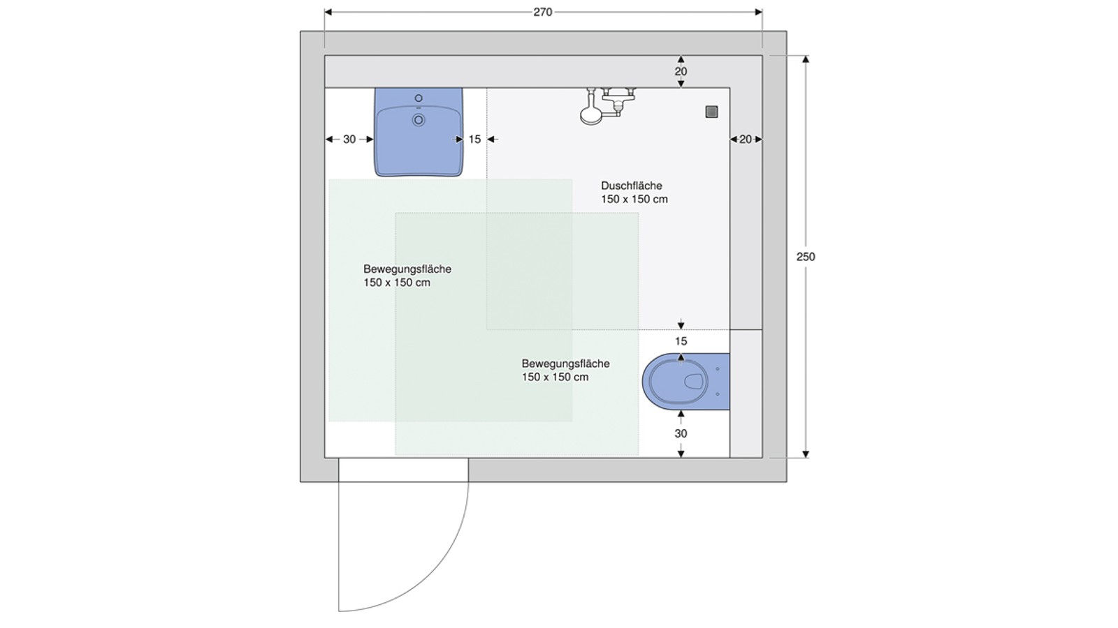 Überschneidende Bewegungsflächen in einem seniorengerechten Bad mit Dusche nach DIN 18040-2. Überschneidende Bewegungsflächen in einem seniorengerechten Bad mit Dusche nach DIN 18040-2.