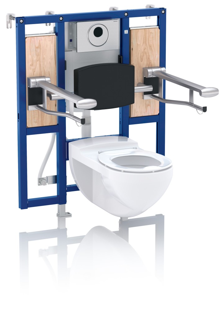 Montageelemente fürs WC mit Montageplatten für Stützklappgriffe und nachträglich höhenverstellbarer Keramik-Aufhängung lassen sich jederzeit an Bewegungseinschränkungen anpassen.