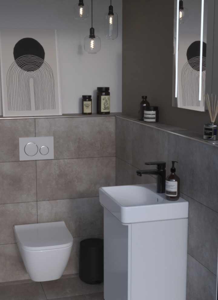 Geberit Smyle Handwaschbecken mit Unterschrank, Option Basic Lichtspiegel und Wand-WC Smyle eckig mit Betätigungsplatte Sigma20