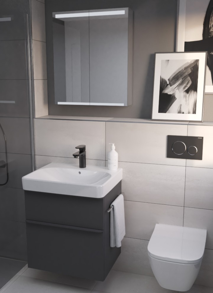 Geberit Smyle Waschtisch mit Unterschrank und Wand-WC Smyle Square mit Betätigungsplatte Sigma20