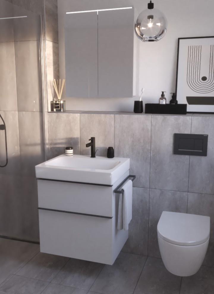Geberit iCon Waschtisch mit Unterschrank, Option Basic Spiegelschrank und iCon Wand-WC mit Betätigungsplatte Sigma30