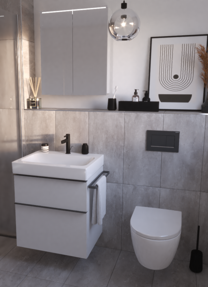 Geberit iCon Waschtisch mit Unterschrank, Option Basic Spiegelschrank und iCon Wand-WC mit Betätigungsplatte Sigma30