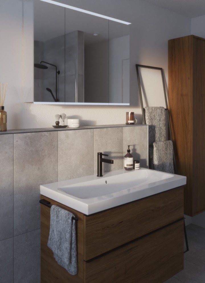 Geberit iCon Waschtisch mit Unterschrank und Hochschrank, Option Plus Spiegelschrank