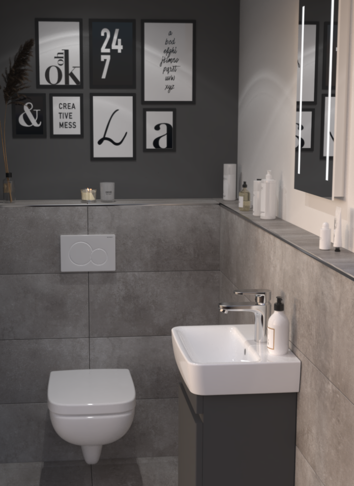 Geberit Renova Plan Handwaschbecken mit Unterschrank, Option Basic Lichtspiegel und Wand-WC mit Betätigungsplatte Sigma01