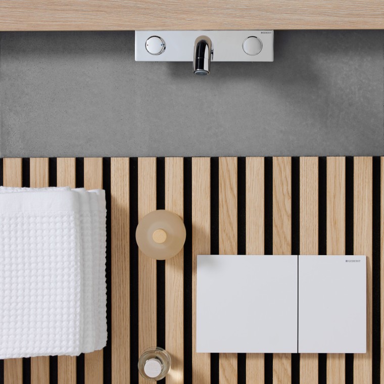 Moodboard mit Betätigungsplatte Geberit Sigma70