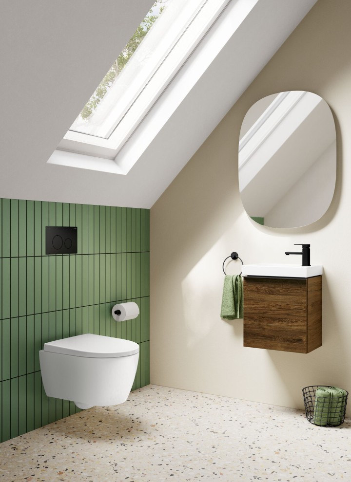 Kleines Gästebad mit Geberit iCon mit Holzmöbel Kleines Gästebad mit Geberit iCon mit Holzmöbel