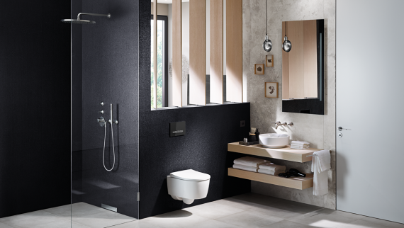 WC Geberit iCon, Betätigungsplatte Geberit Sigma50 in schwarz, Geberit Wandablauf, bodenebene Dusche, Aufsatzwaschtisch Geberit VariForm WC Geberit iCon, Betätigungsplatte Geberit Sigma50 in schwarz, Geberit Wandablauf, bodenebene Dusche, Aufsatzwaschtisch Geberit VariForm