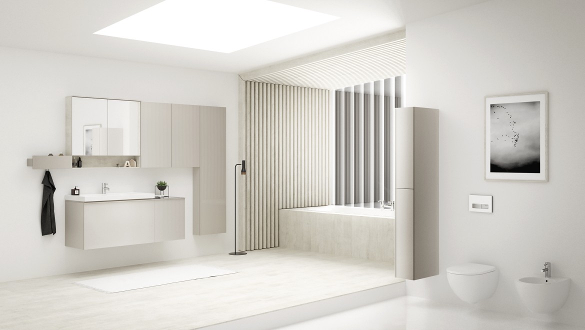 Badezimmer in weißen Nuancen der Serie Geberit Acanto.
