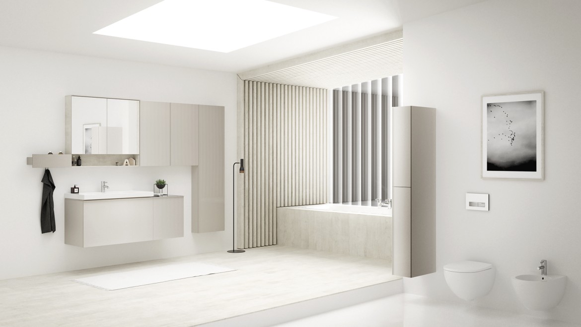 Badezimmer in weißen Nuancen der Serie Geberit Acanto. Badezimmer in weißen Nuancen der Serie Geberit Acanto.