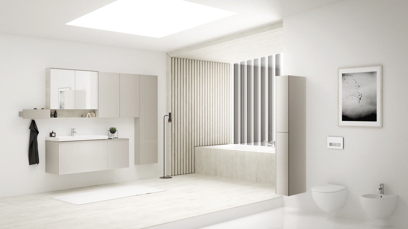 Badezimmer in weißen Nuancen der Serie Geberit Acanto. Badezimmer in weißen Nuancen der Serie Geberit Acanto.