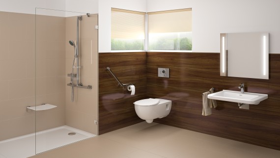 Barrierefreies Bad mit Waschplatz, WC und bodenebener Dusche