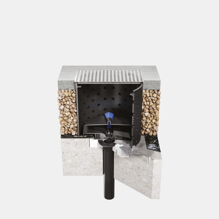 Installation von Geberit Pluvia auf einem begehbaren Betondach mit Bitumen-Dachabdichtung