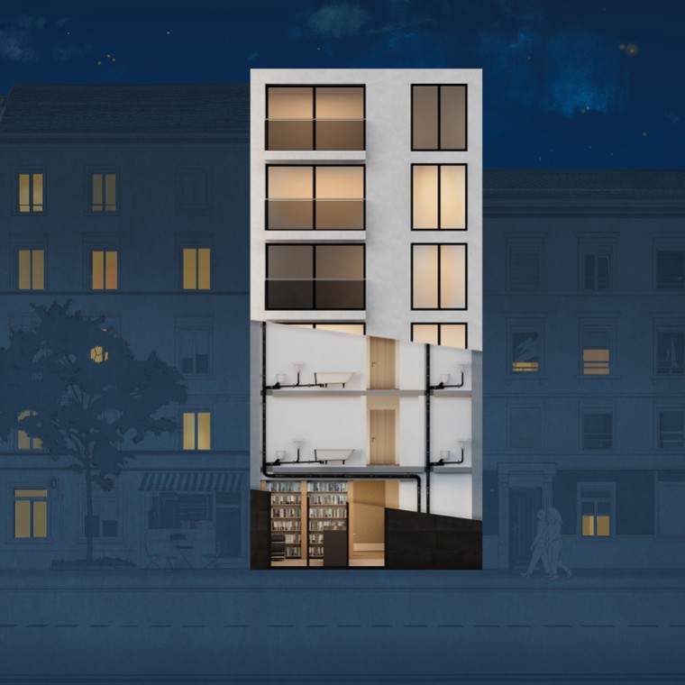 Querschnitt eines Wohnblocks mit Geberit Silent-Pro SuperTube Entwässerungssystem Querschnitt eines Wohnblocks mit Geberit Silent-Pro SuperTube Entwässerungssystem