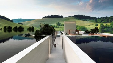 Das "H.O.M.E. Haus 2022" von Hadi Teherani Architects eingebettet in eine grüne Hügellandschaft (©Bloomrealities/HTA für H.O.M.E. Haus 2022)