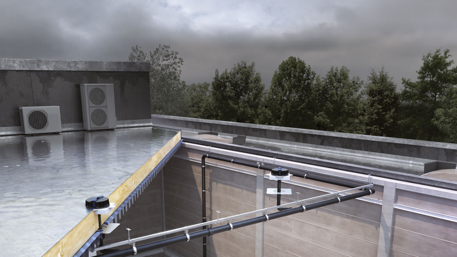 Das Dachentwässerungssystem Pluvia kann mit verhältnismäßig wenigen Einlaufelementen sämtliche drei Türme entwässern (© Geberit) Das Dachentwässerungssystem Pluvia kann mit verhältnismäßig wenigen Einlaufelementen sämtliche drei Türme entwässern (© Geberit)