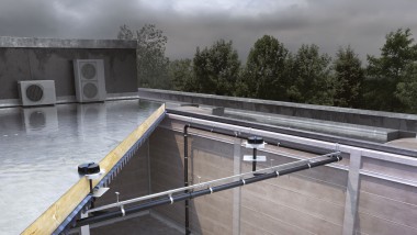 Das Dachentwässerungssystem Pluvia kann mit verhältnismäßig wenigen Einlaufelementen sämtliche drei Türme entwässern (© Geberit) Das Dachentwässerungssystem Pluvia kann mit verhältnismäßig wenigen Einlaufelementen sämtliche drei Türme entwässern (© Geberit)