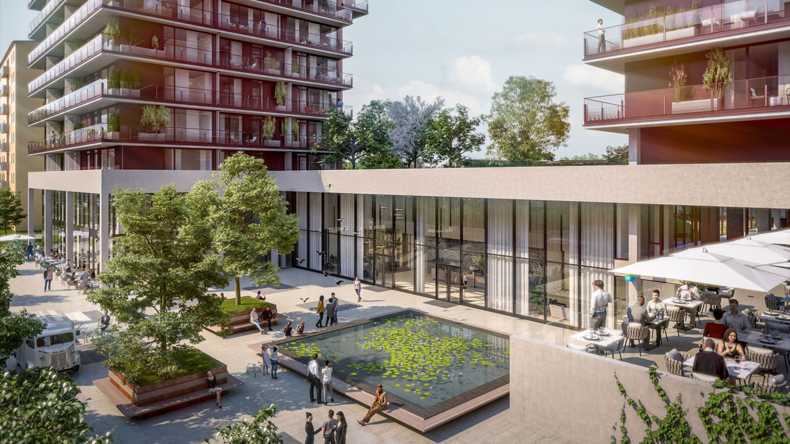 Im Erdgeschoss sind die drei Türme miteinander verbunden (© Soravia)