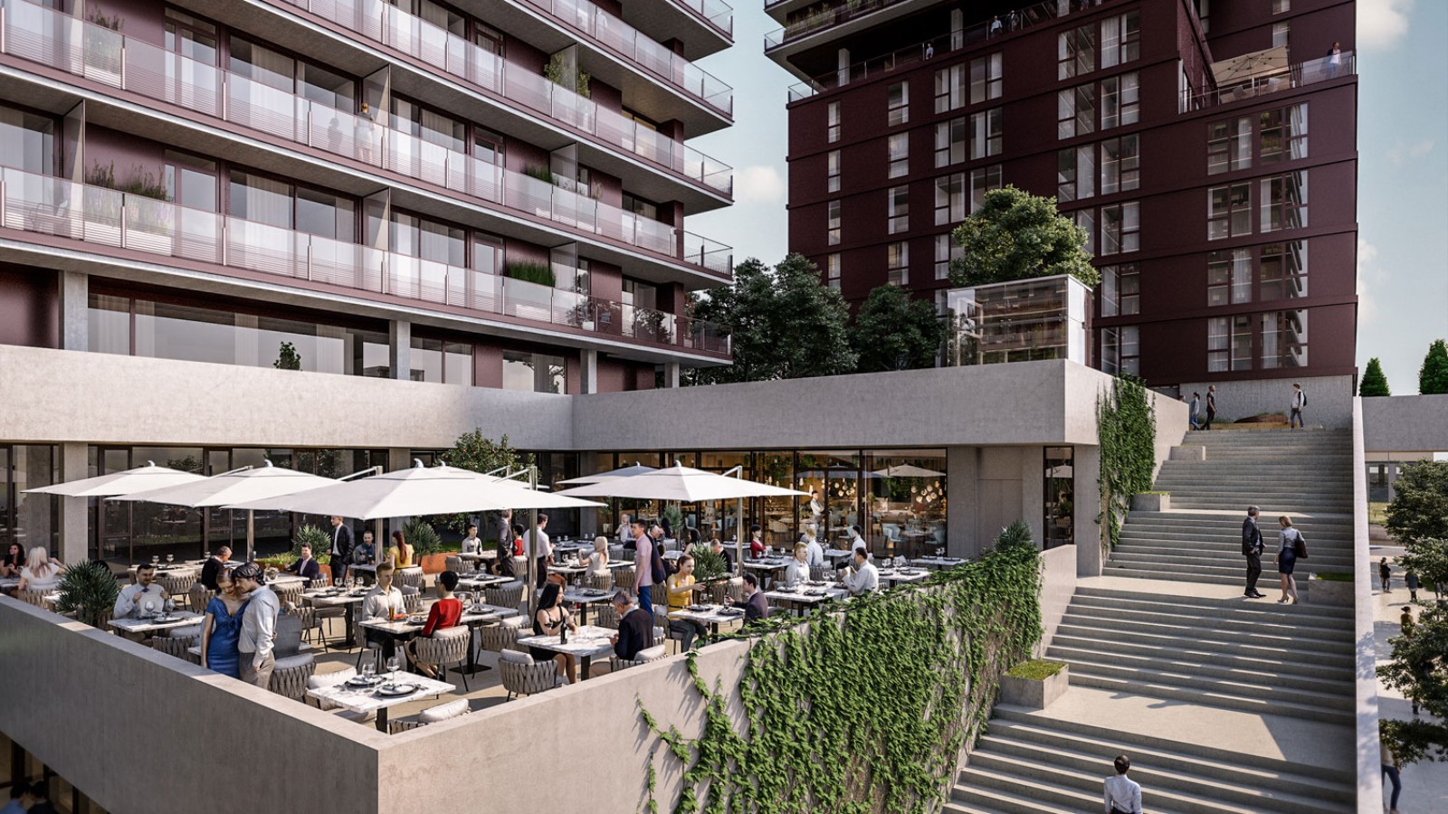 Ausladende Dachterrassen und Gastronomie sind Teil des Angebots (© Soravia)