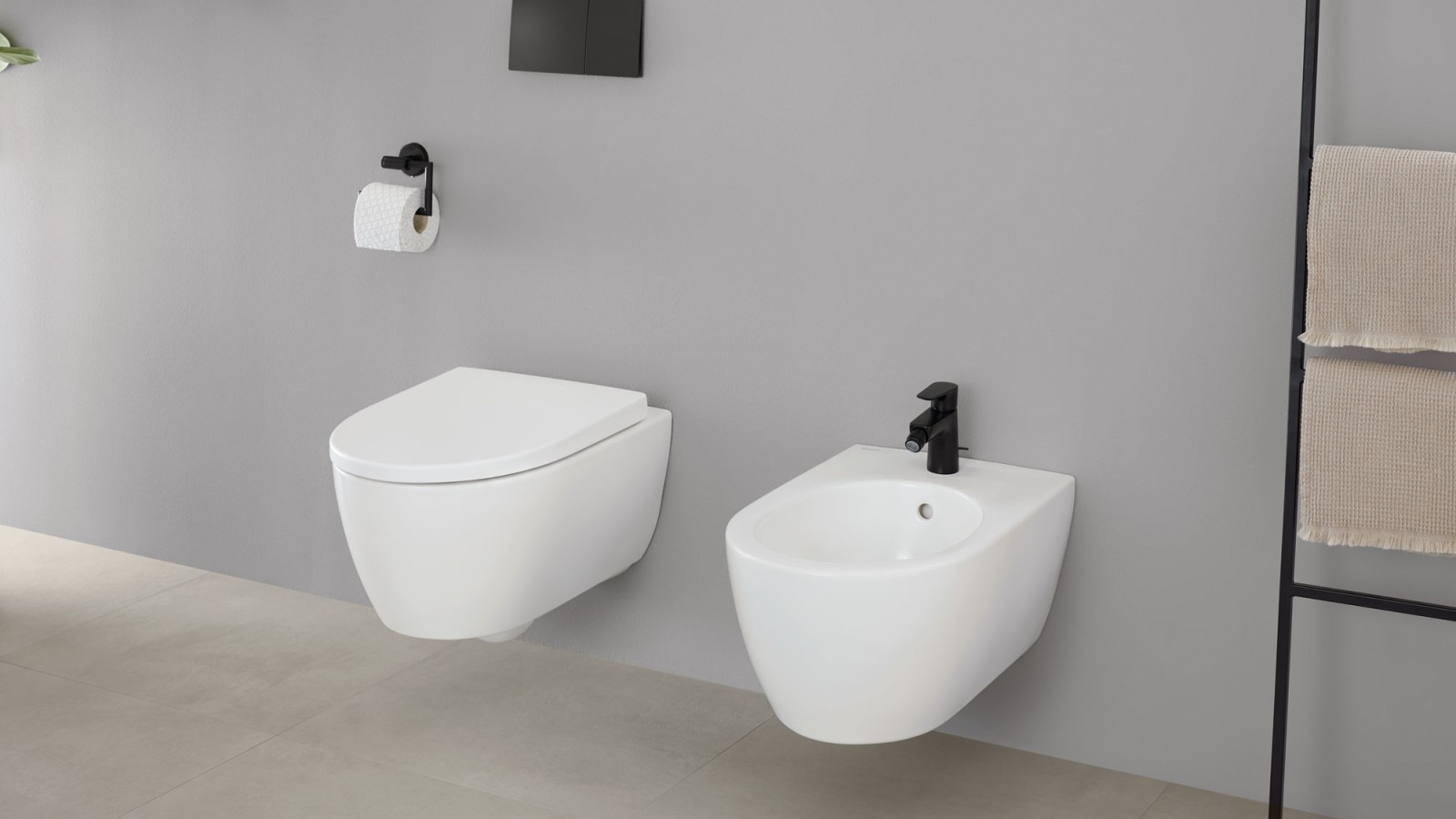 Geberit iCon WC und Bidet mit Geberit Betätigungsplatte Sigma70 Geberit iCon WC und Bidet mit Geberit Betätigungsplatte Sigma70
