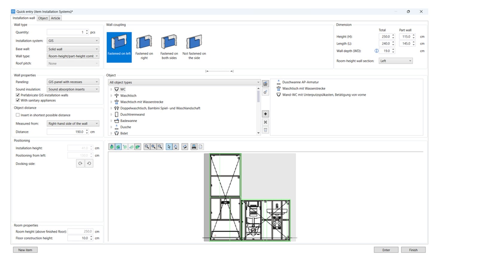 Benutzeroberfläche des Planungsmoduls für Installationssysteme in Geberit ProPlanner