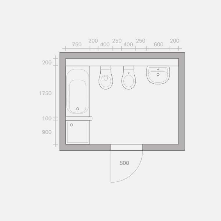 Umbaumöglichkeiten eines Bades, Ausgangssituation, Zeichnung in Anlehnung an VDI 6000 Blatt 1 (02/2008) Umbaumöglichkeiten eines Bades, Ausgangssituation, Zeichnung in Anlehnung an VDI 6000 Blatt 1 (02/2008)