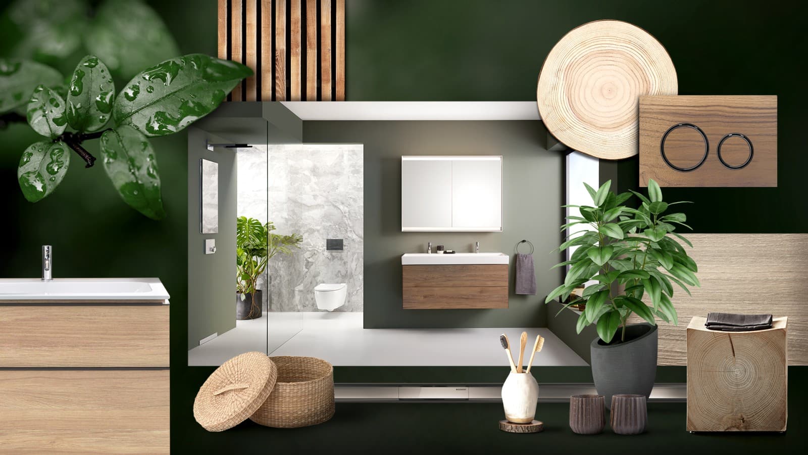 Moodboard "Natur pur" mit Geberit Badezimmerprodukten Moodboard "Natur pur" mit Geberit Badezimmerprodukten