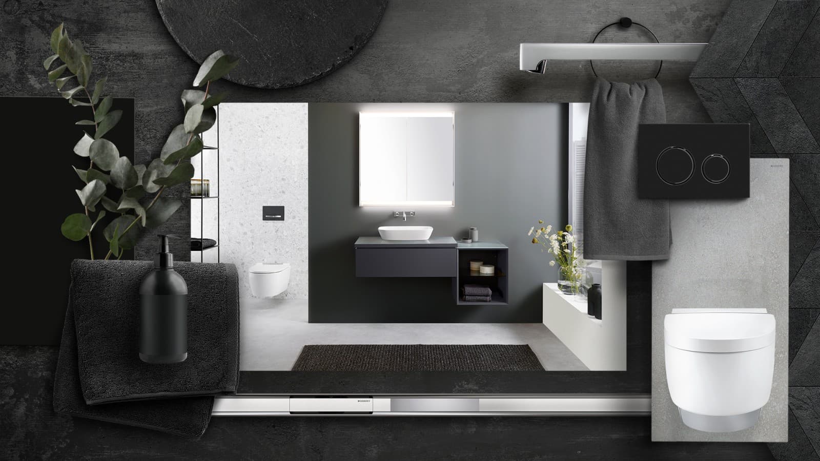 Moodboard "Purismus" mit Geberit Badezimmerprodukten Moodboard "Purismus" mit Geberit Badezimmerprodukten