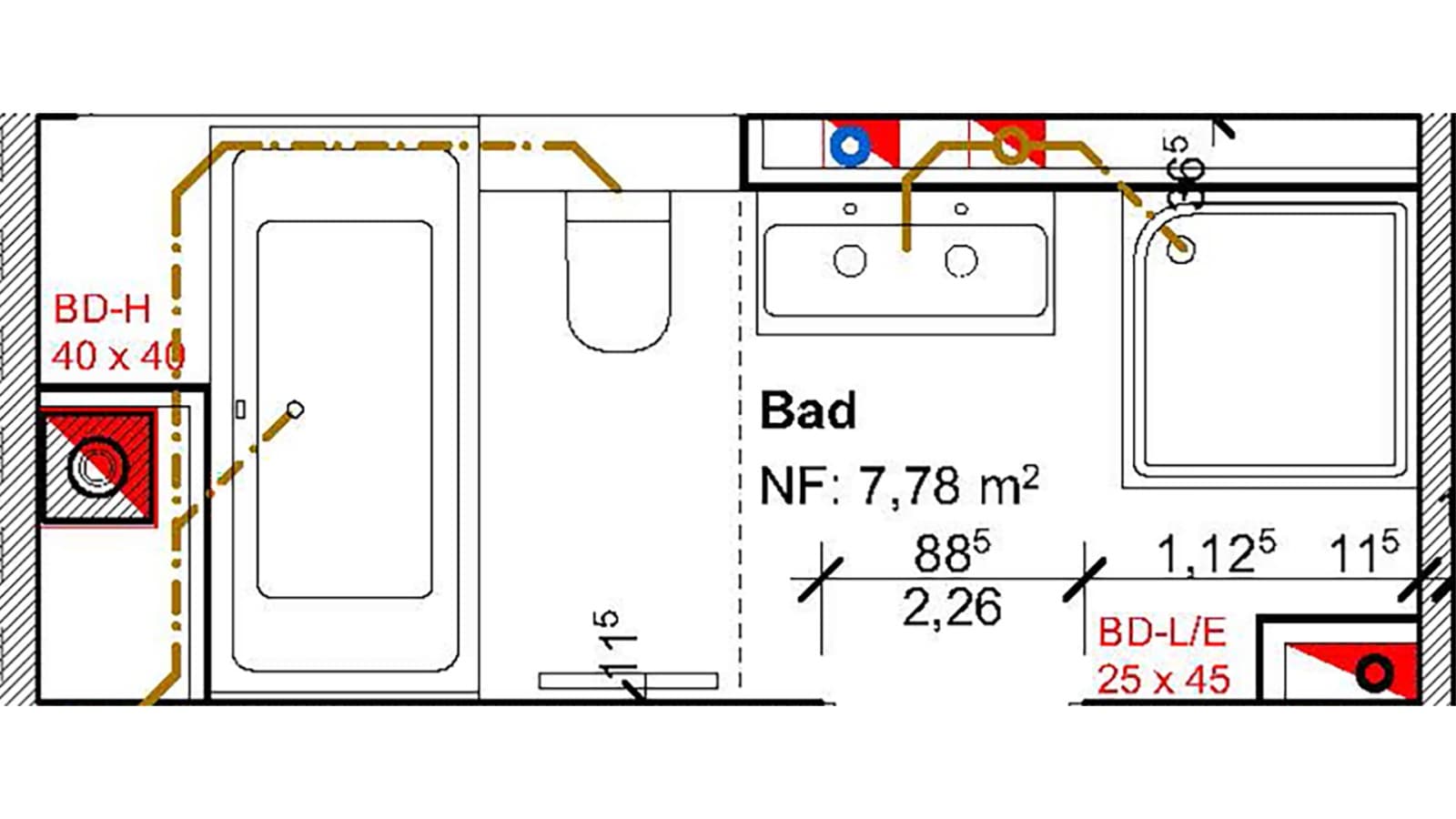 Grundriss des Familienbads im Privathaus mit Waschtisch, WC, Dusche und Badewanne Grundriss des Familienbads im Privathaus mit Waschtisch, WC, Dusche und Badewanne