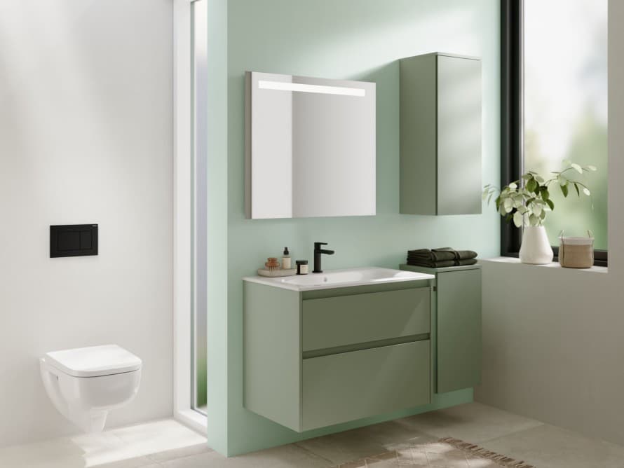Badezimmer in Grüntönen, das mit Badprodukten von Geberit gestaltet wurde Badezimmer in Grüntönen, das mit Badprodukten von Geberit gestaltet wurde