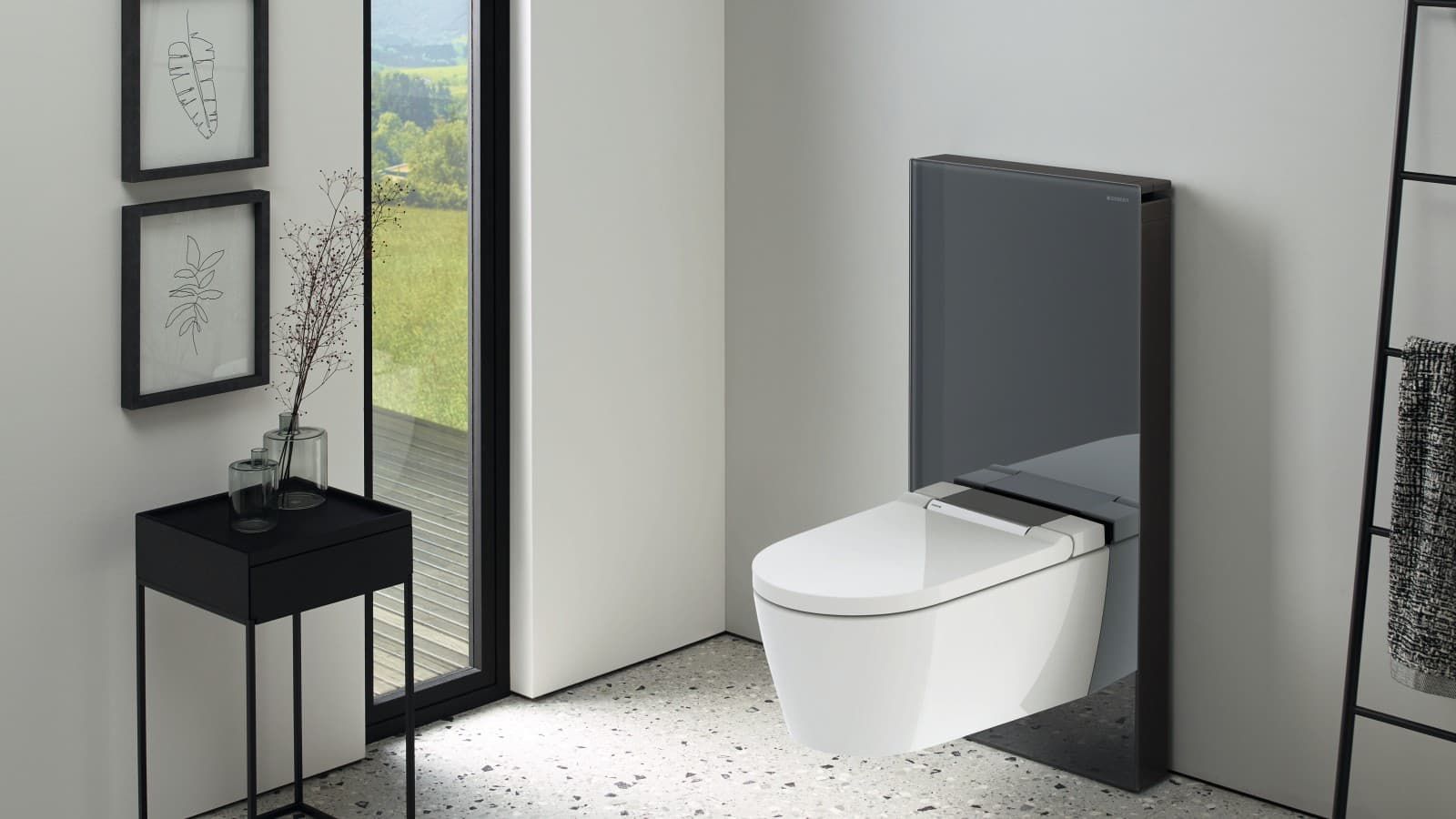 Geberit AquaClean Sela Dusch-WC mit einem Geberit Monolith. Geberit AquaClean Sela Dusch-WC mit einem Geberit Monolith.